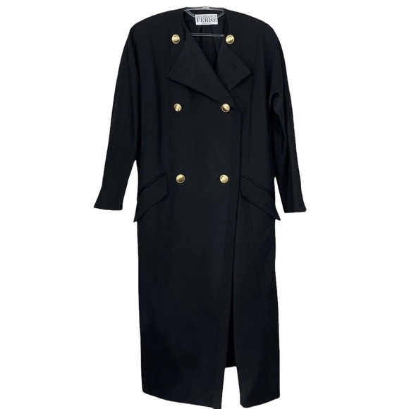 Gianfranco Ferre Italy Virgin Wool Buttoned Long Trench Coat Black Size IT 40